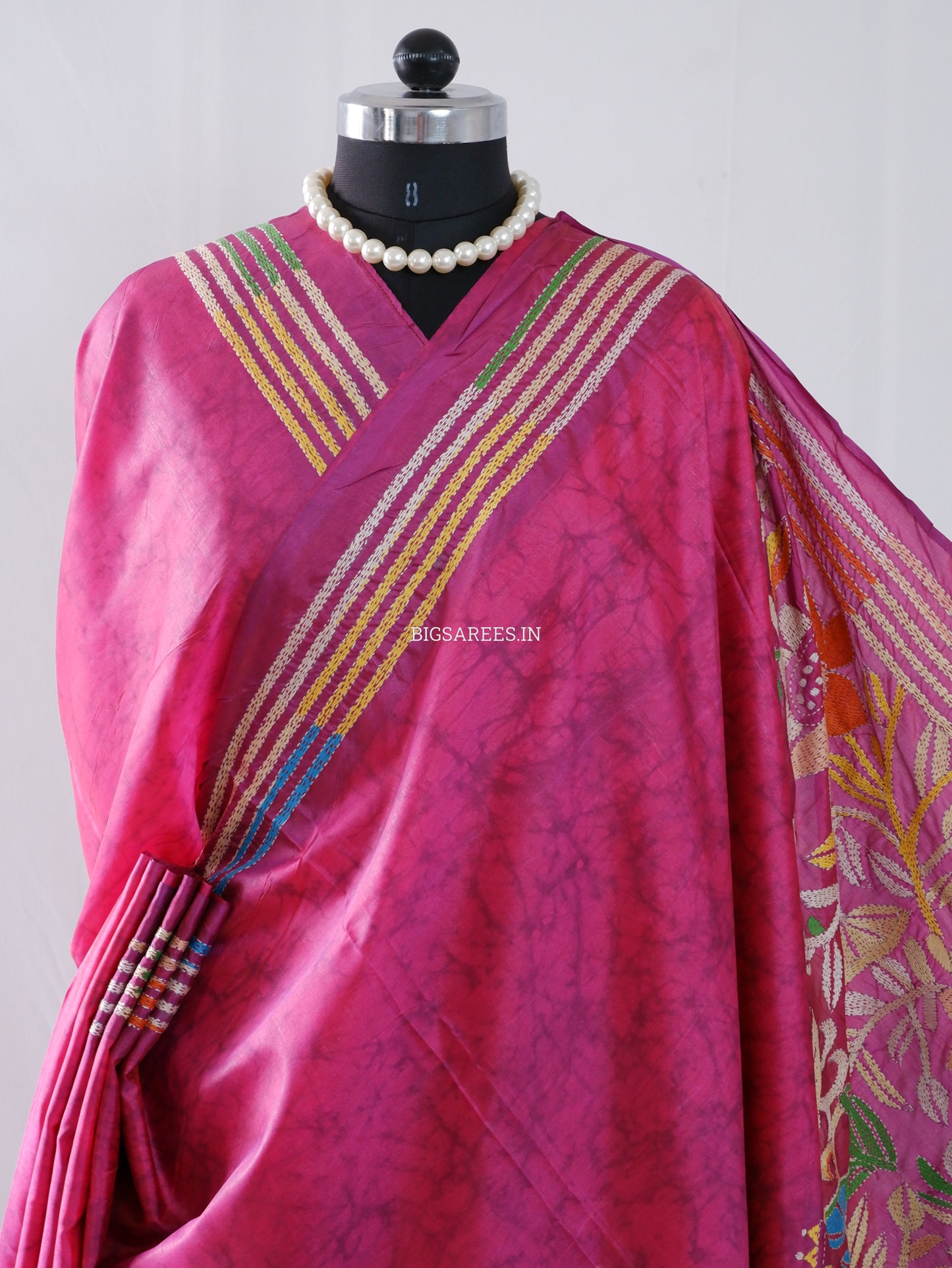 Kantha Hand Embroidered Saree | Blended Banglore Silk/Art Silk | Pink