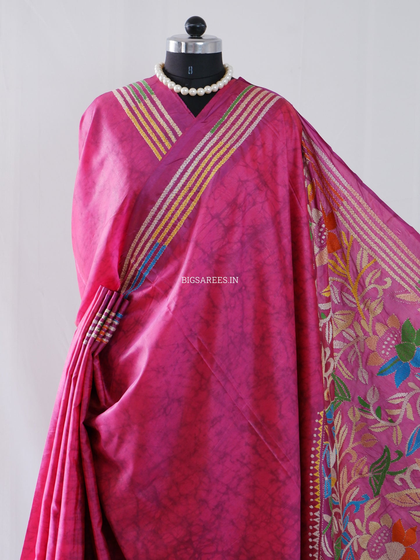 Kantha Hand Embroidered Saree | Blended Banglore Silk/Art Silk | Pink