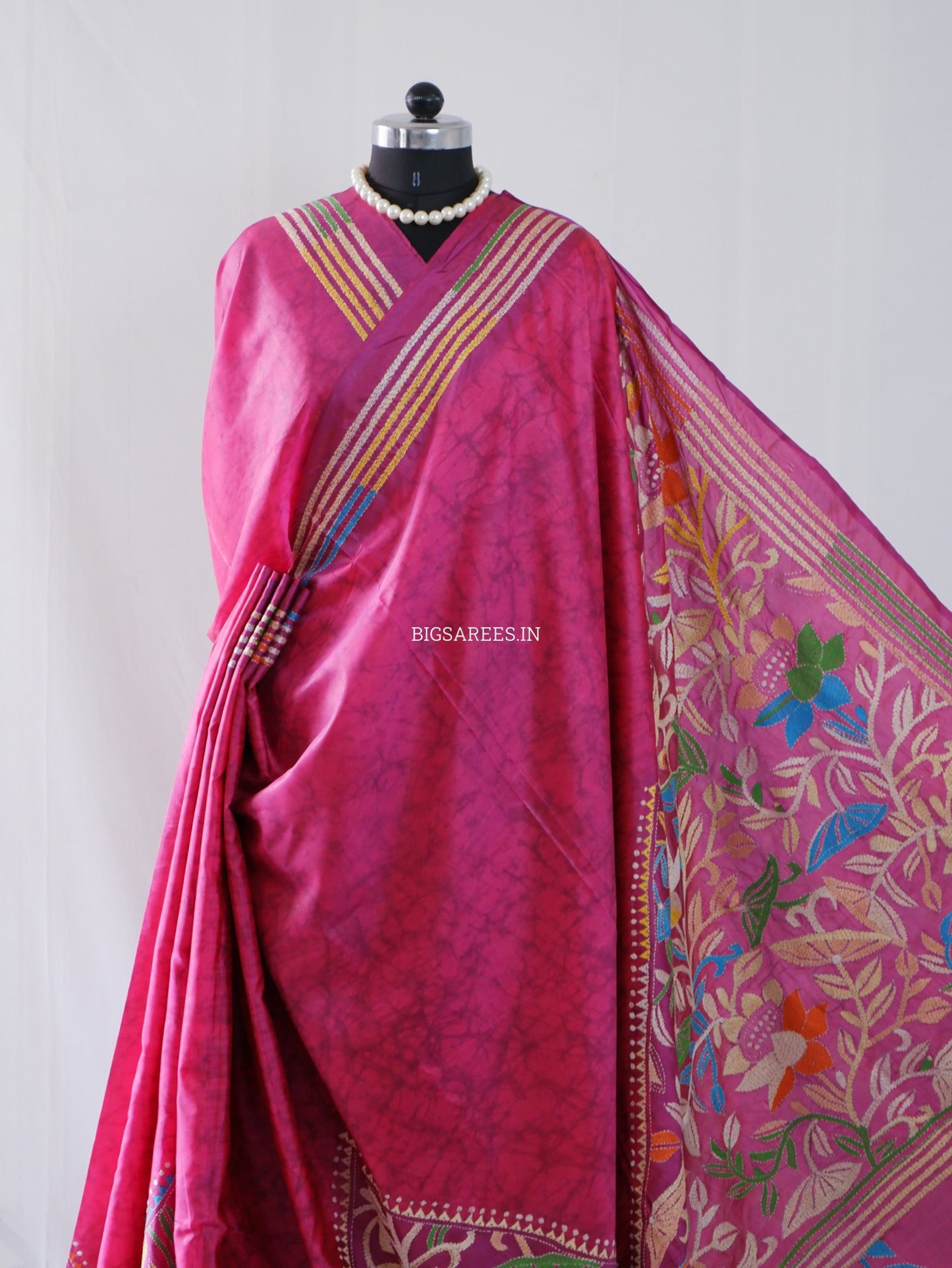 Kantha Hand Embroidered Saree | Blended Banglore Silk/Art Silk | Pink