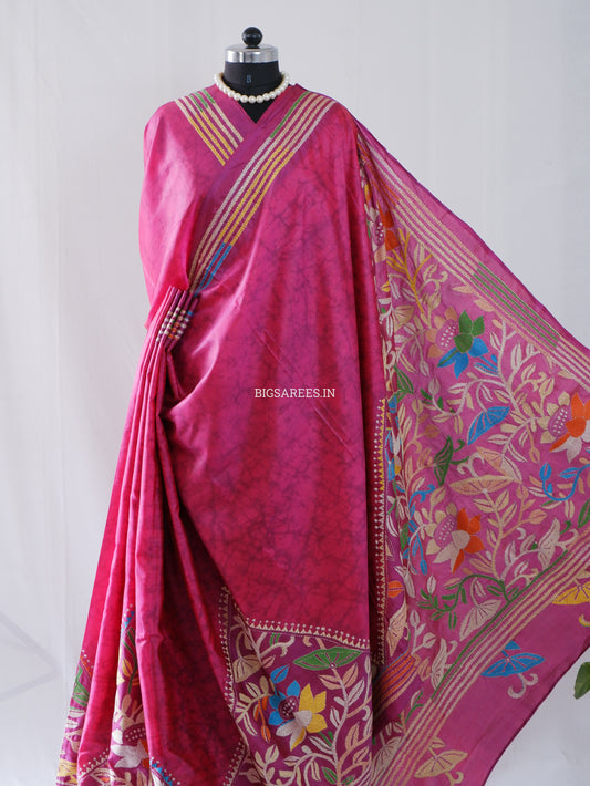 Reverse Kantha Hand Embroidered Sarees | Blended Banglore Silk/Art Silk | Pink