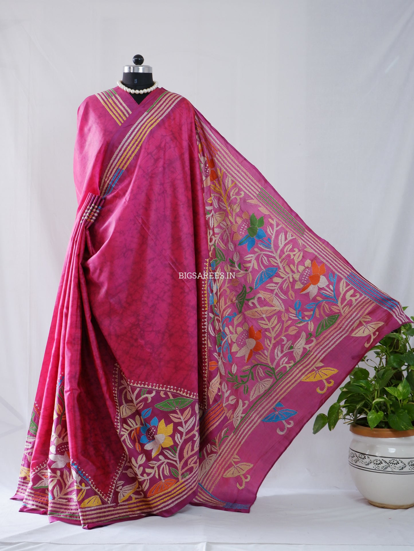 Kantha Hand Embroidered Saree | Blended Banglore Silk/Art Silk | Pink