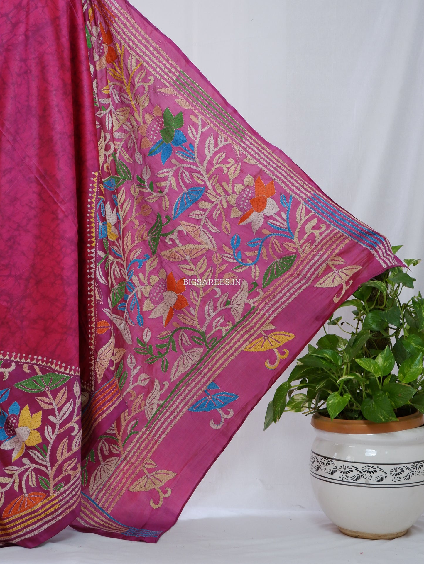 Kantha Hand Embroidered Saree | Blended Banglore Silk/Art Silk | Pink