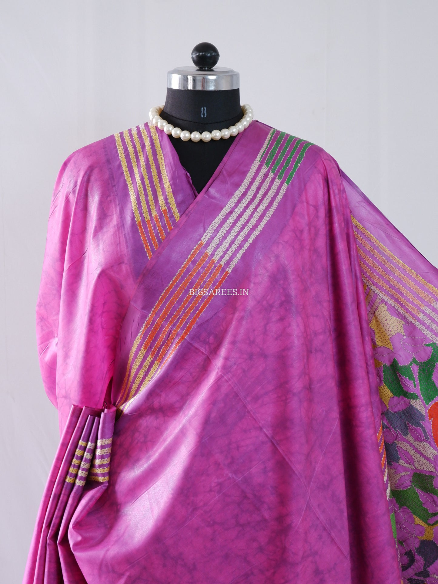 Reverse Kantha Hand Embroidered Blended Banglore Silk/Art Silk Saree With Blouse