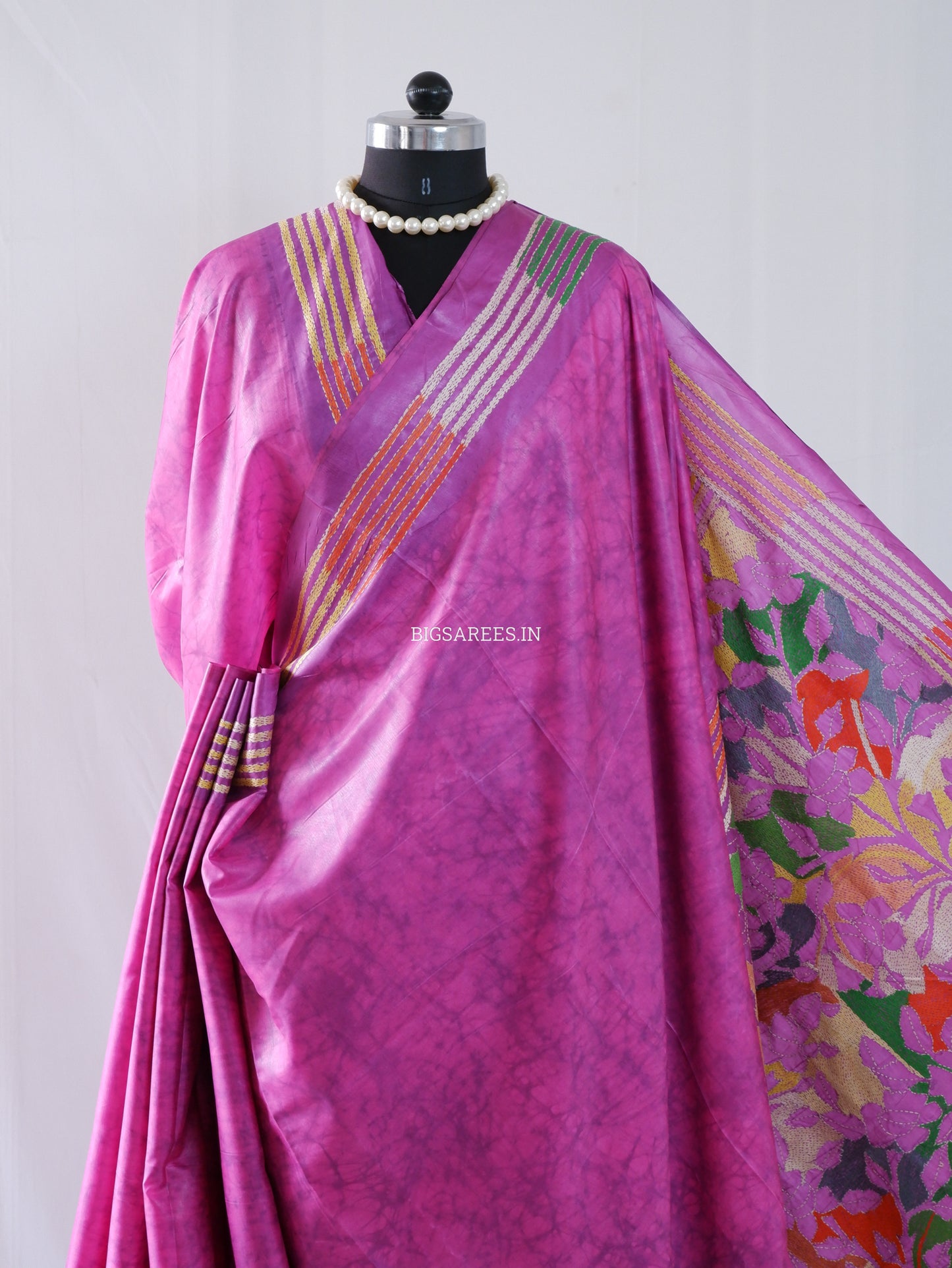 Reverse Kantha Hand Embroidered Blended Banglore Silk/Art Silk Saree With Blouse