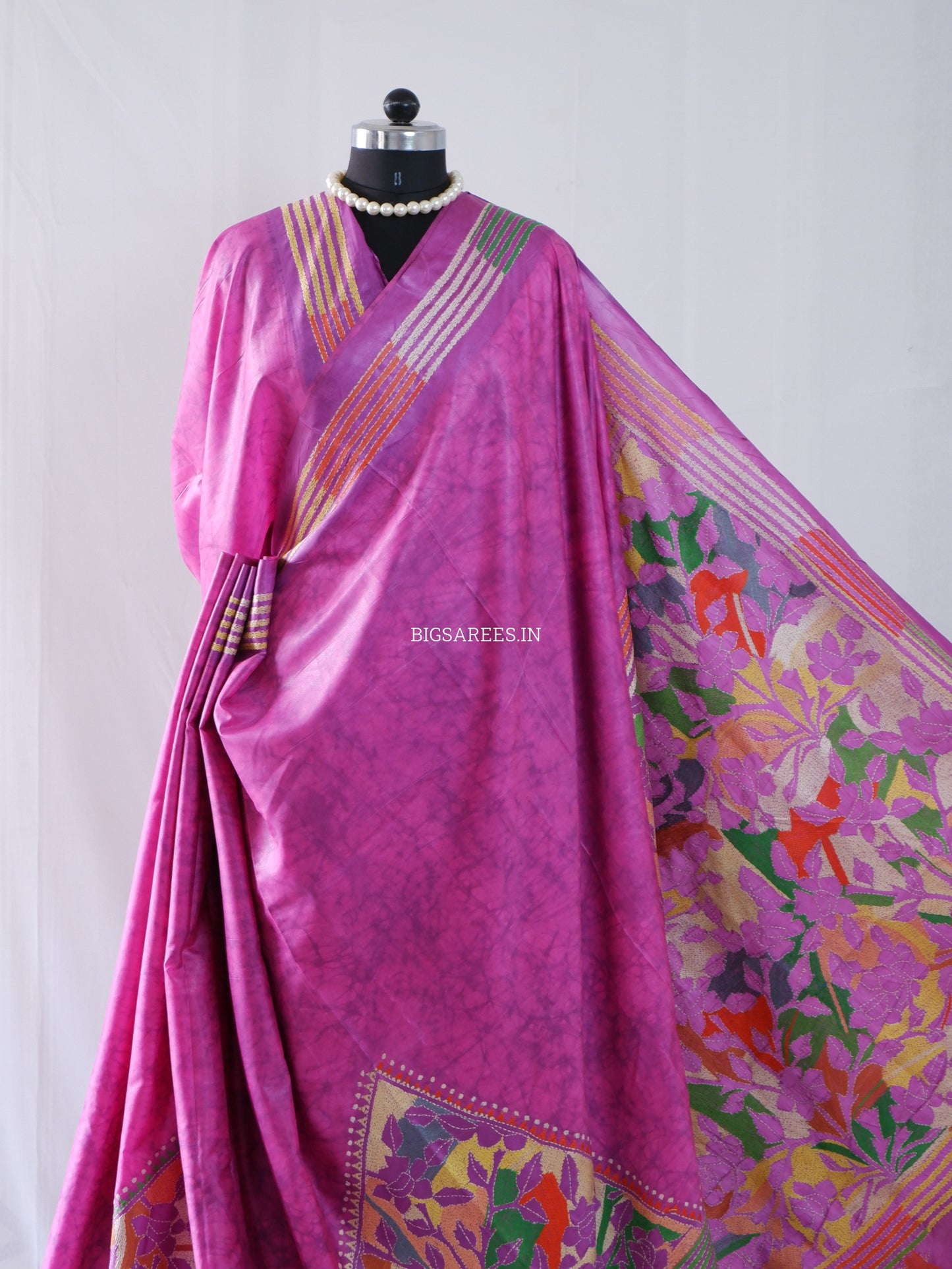 Reverse Kantha Hand Embroidered Blended Banglore Silk/Art Silk Saree With Blouse