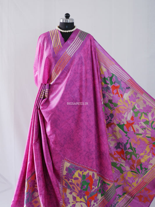 Reverse Kantha Hand Embroidered Blended Banglore Silk/Art Silk Saree With Blouse