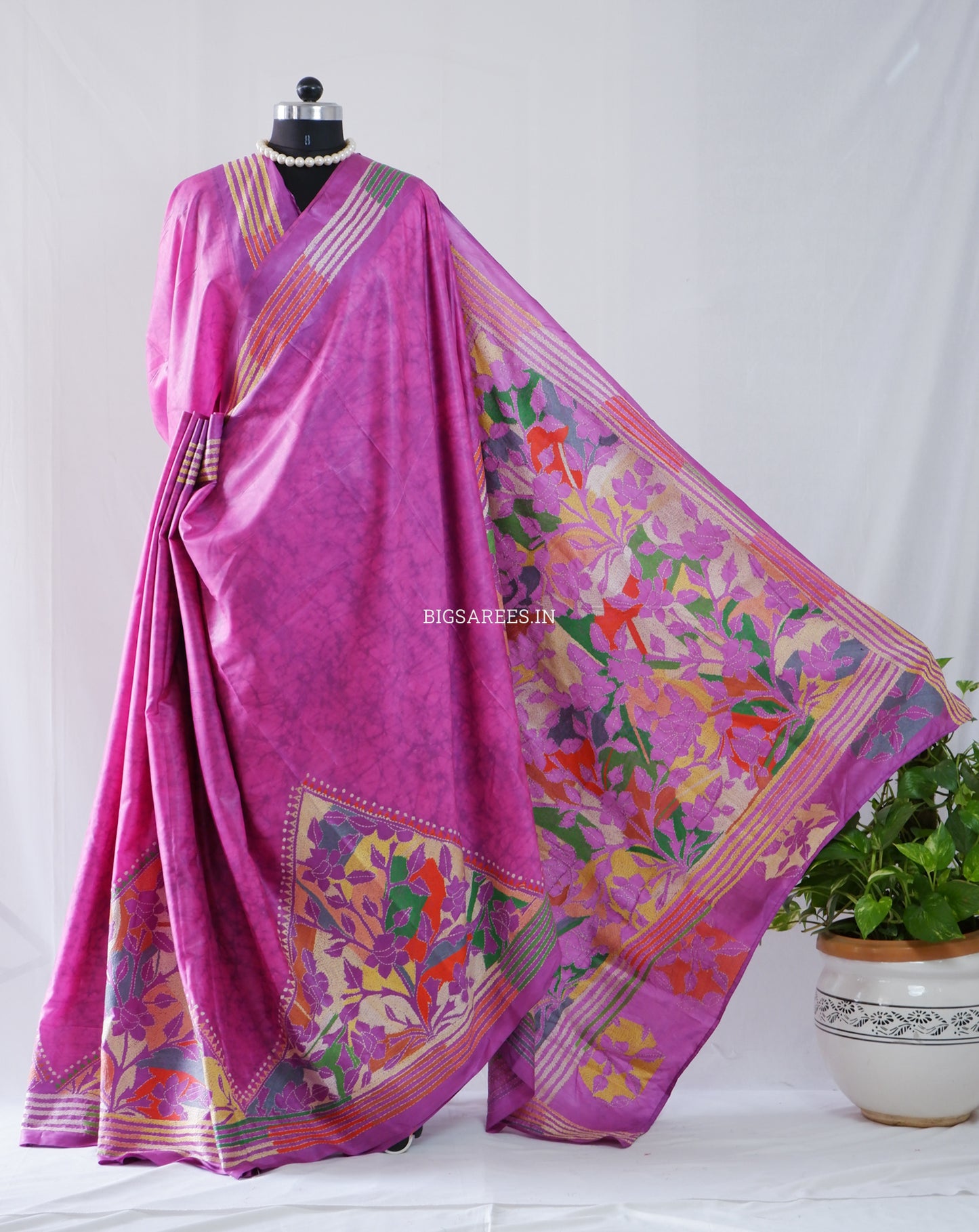 Reverse Kantha Hand Embroidered Blended Banglore Silk/Art Silk Saree With Blouse