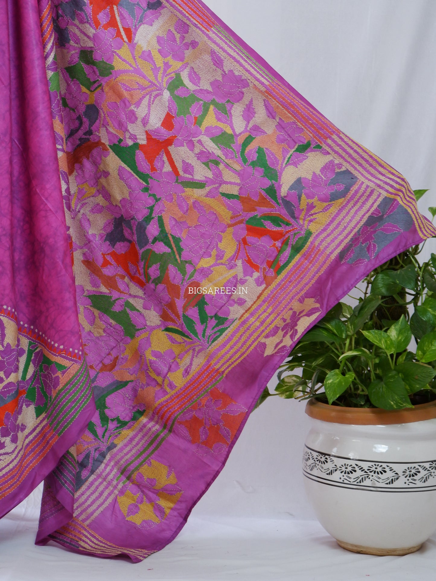 Reverse Kantha Hand Embroidered Blended Banglore Silk/Art Silk Saree With Blouse