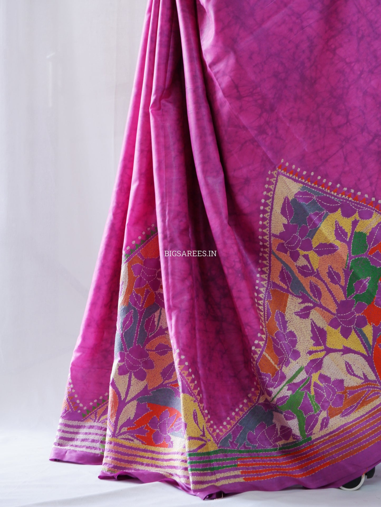 Reverse Kantha Hand Embroidered Blended Banglore Silk/Art Silk Saree With Blouse