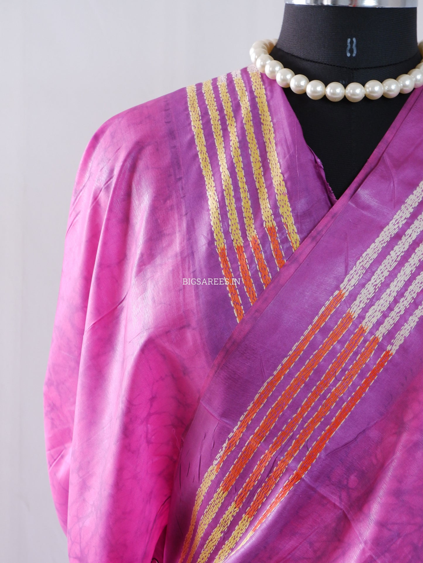 Reverse Kantha Hand Embroidered Blended Banglore Silk/Art Silk Saree With Blouse