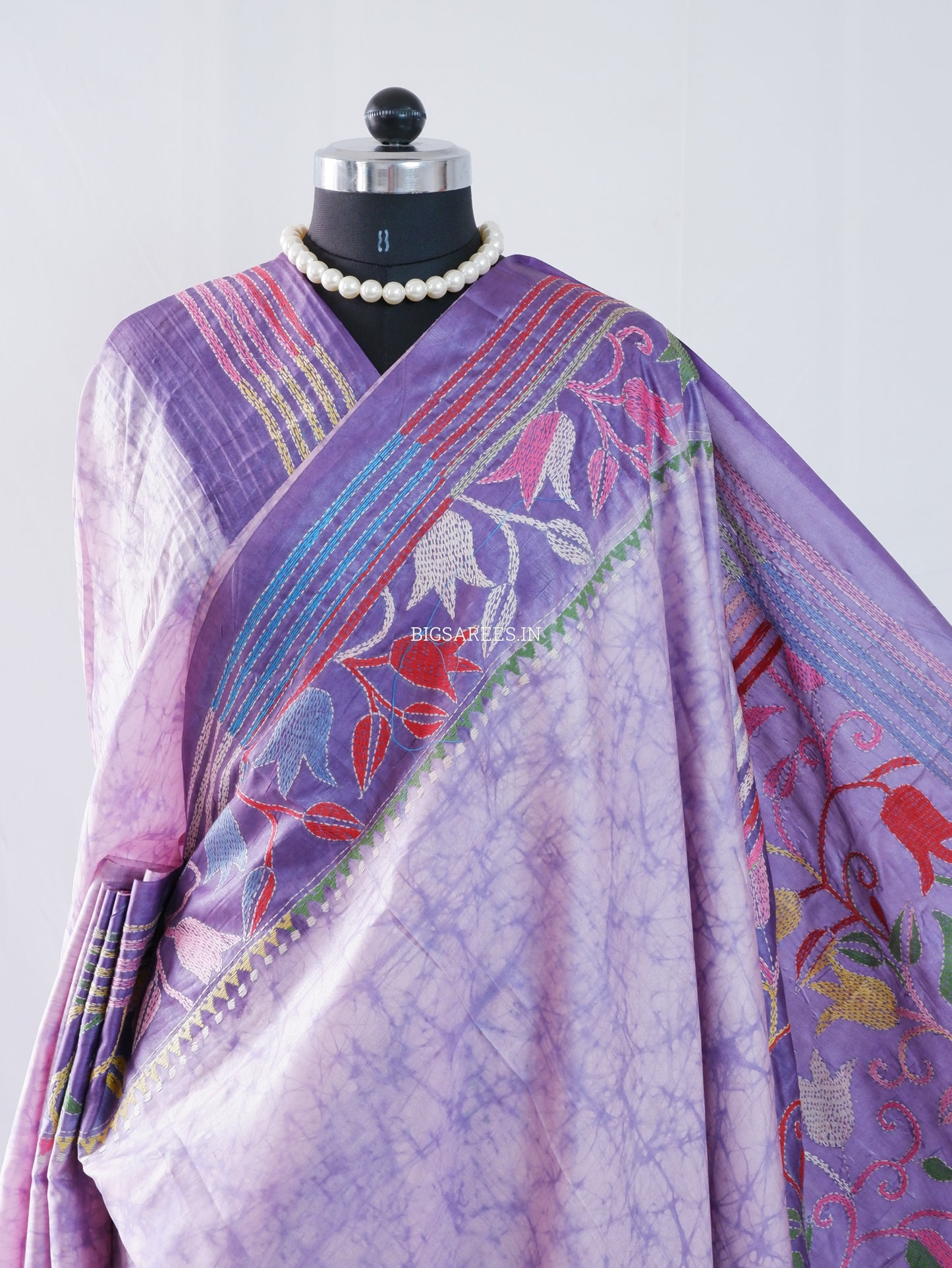 Kantha - Stitch Hand Embroidered Saree | Blended Bangalore Silk / Art Silk | Violet