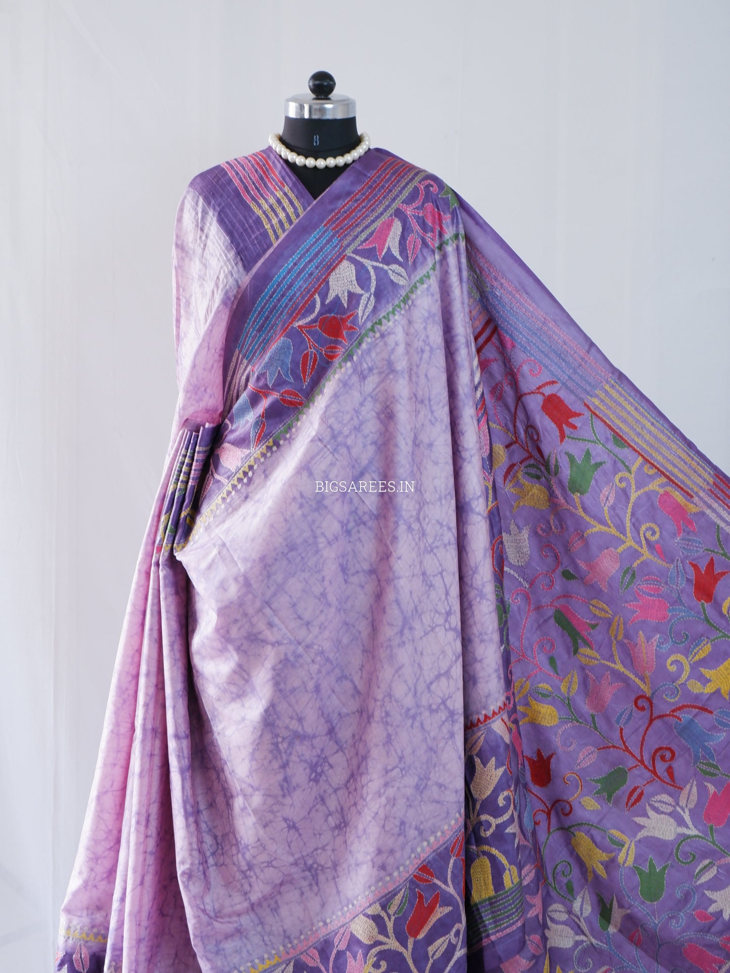 Kantha - Stitch Hand Embroidered Saree | Blended Bangalore Silk / Art Silk | Violet