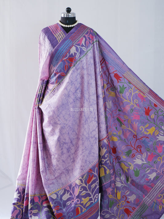 Kantha - Stitch Hand Embroidered Saree | Blended Bangalore Silk / Art Silk | Violet