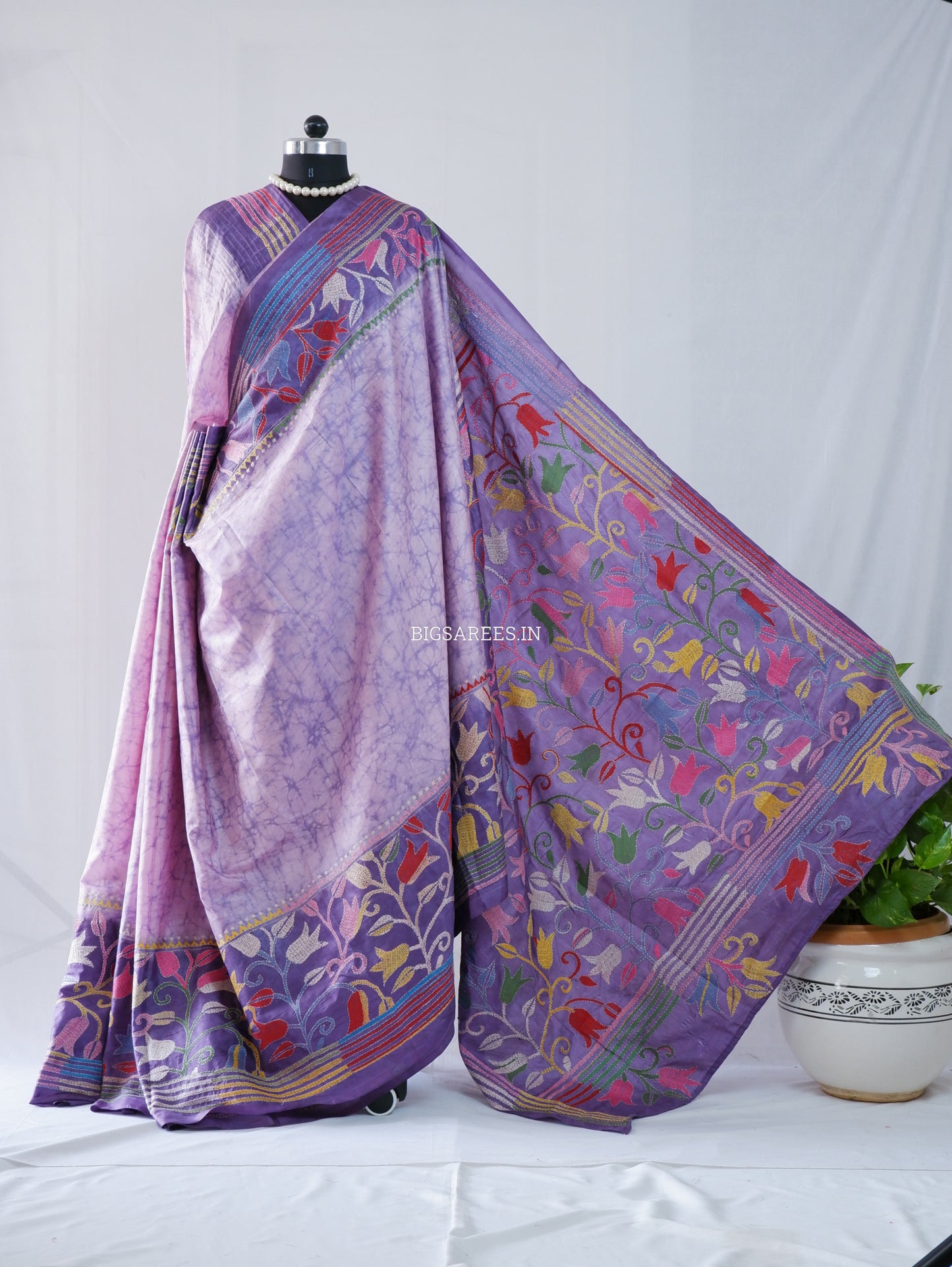 Kantha - Stitch Hand Embroidered Saree | Blended Bangalore Silk / Art Silk | Violet
