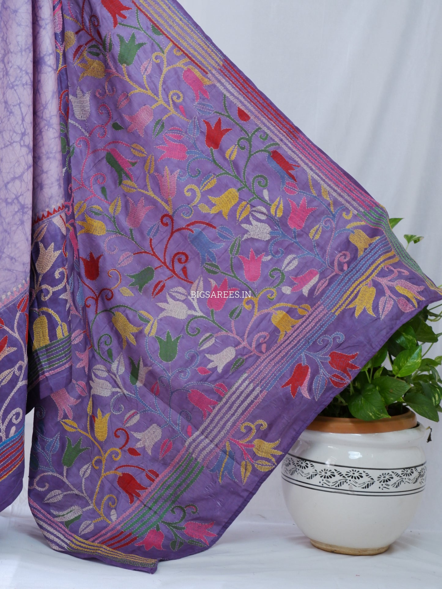 Kantha - Stitch Hand Embroidered Saree | Blended Bangalore Silk / Art Silk | Violet