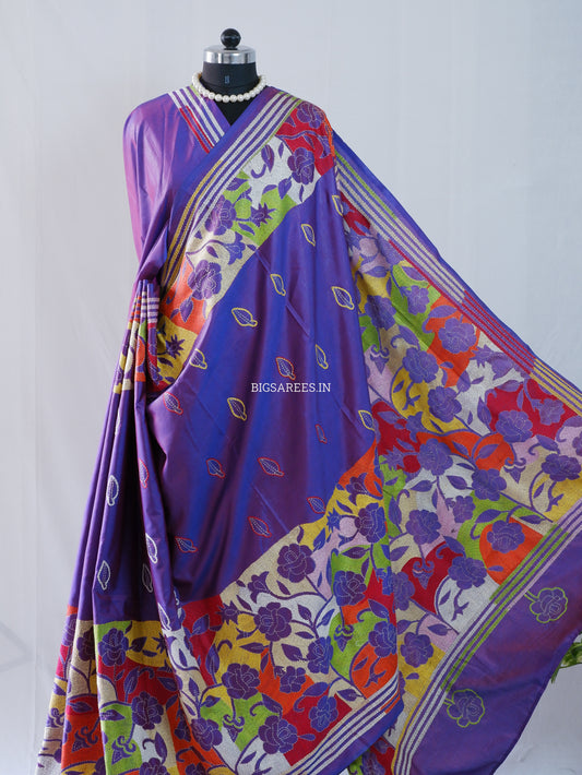 Reverse Kantha Hand Embroidered Sarees | Blended Banglore Silk/Art Silk | Purple(Dual Tone)
