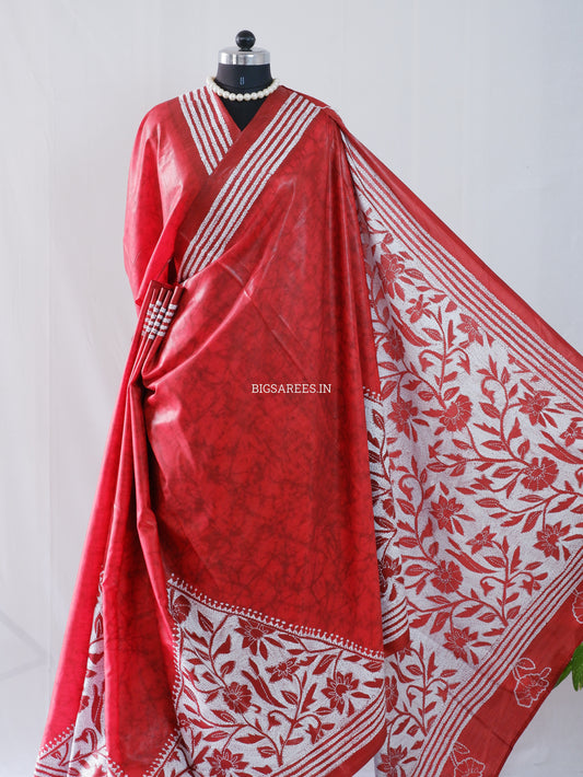 Reverse Kantha Hand Embroidered Sarees | Blended Banglore Silk/Art Silk | Red