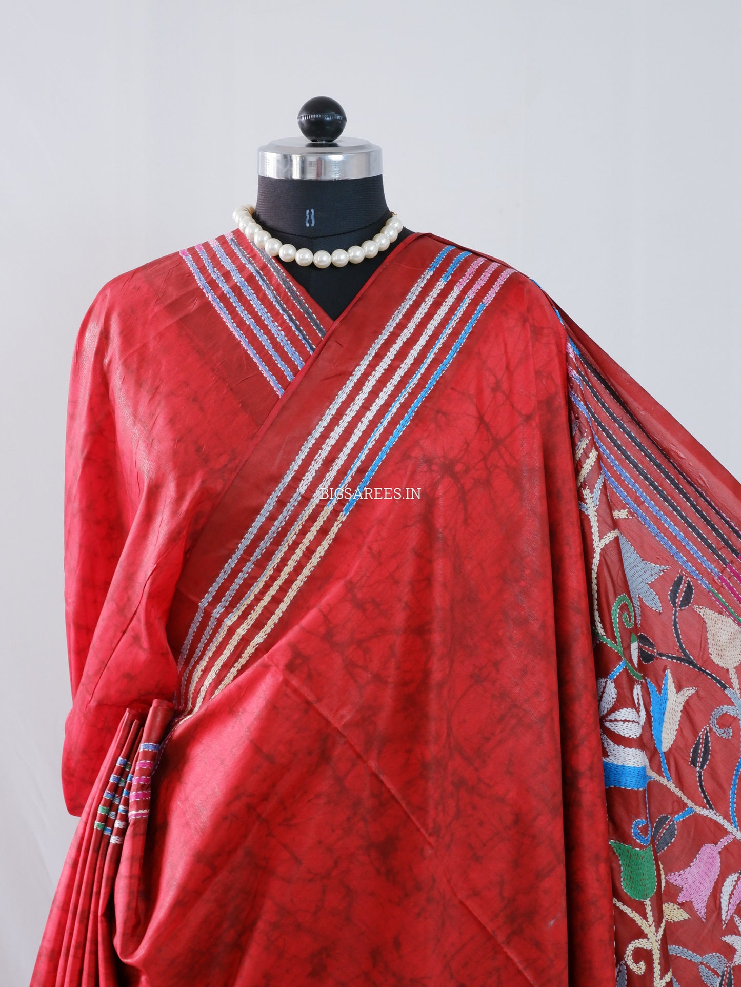 Kantha - Stitch Hand Embroidered Saree | Blended Bangalore Silk / Art Silk | Red