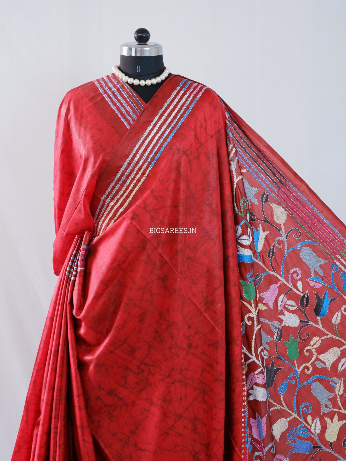 Kantha - Stitch Hand Embroidered Saree | Blended Bangalore Silk / Art Silk | Red