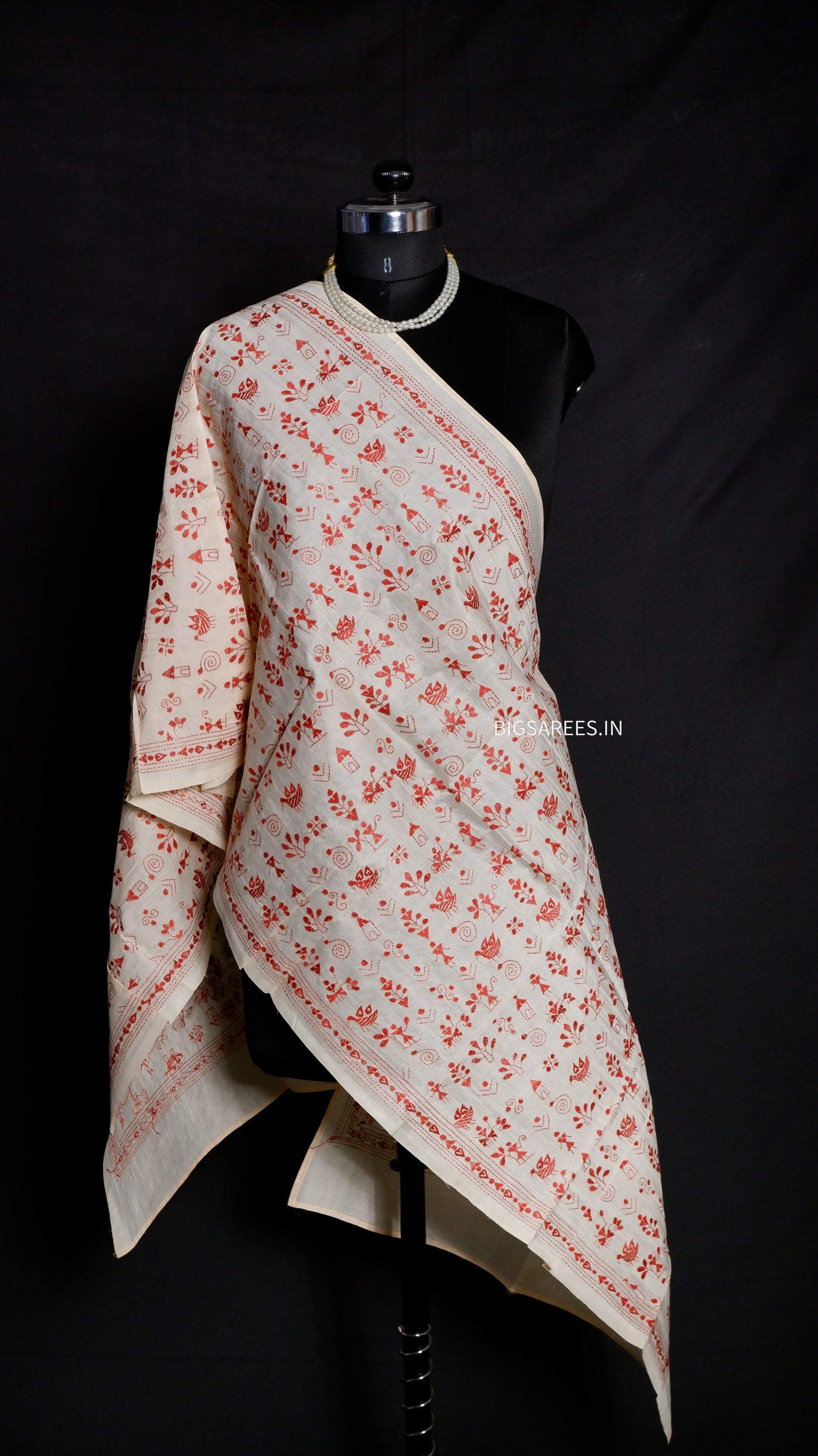 Kantha Semi Tussar Silk Stole | Off-White | 22" |