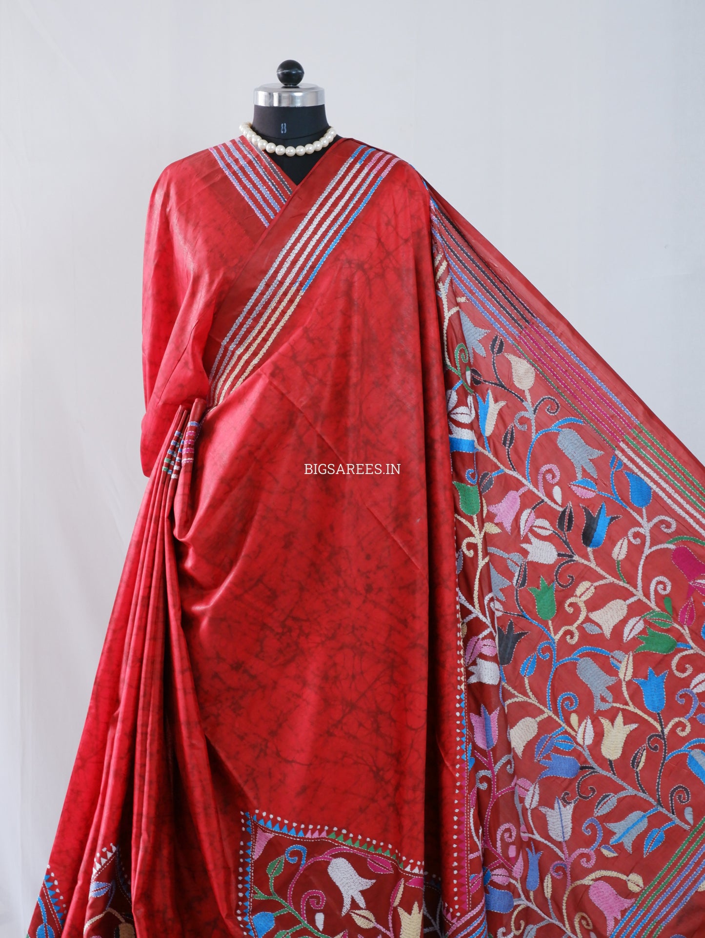Kantha - Stitch Hand Embroidered Saree | Blended Bangalore Silk / Art Silk | Red