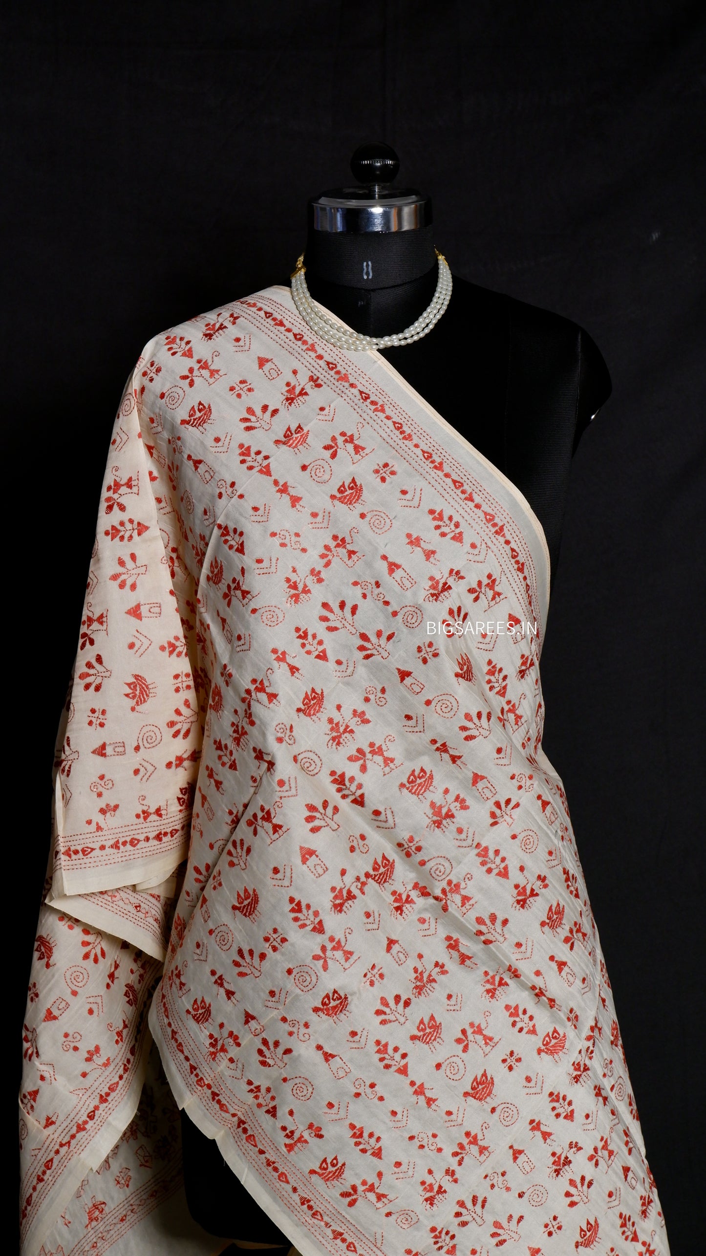 Kantha Semi Tussar Silk Stole | Off-White | 22" |