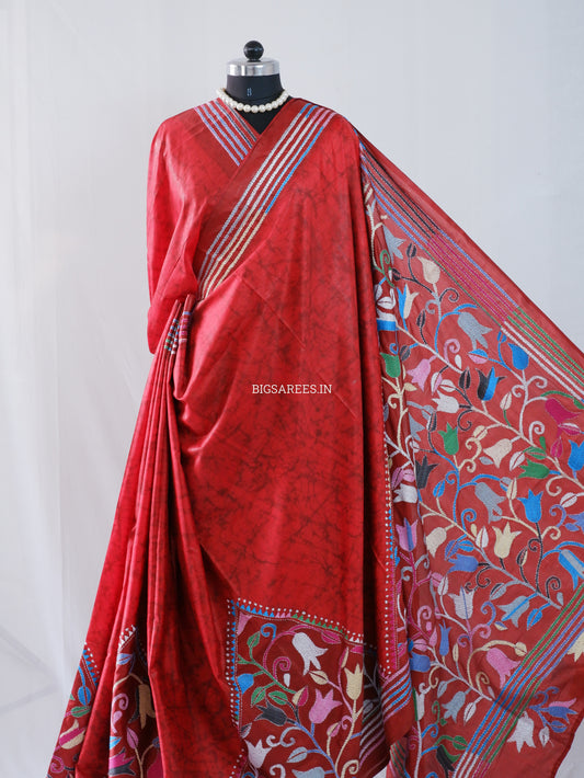 Kantha - Stitch Hand Embroidered Saree | Blended Bangalore Silk / Art Silk | Red