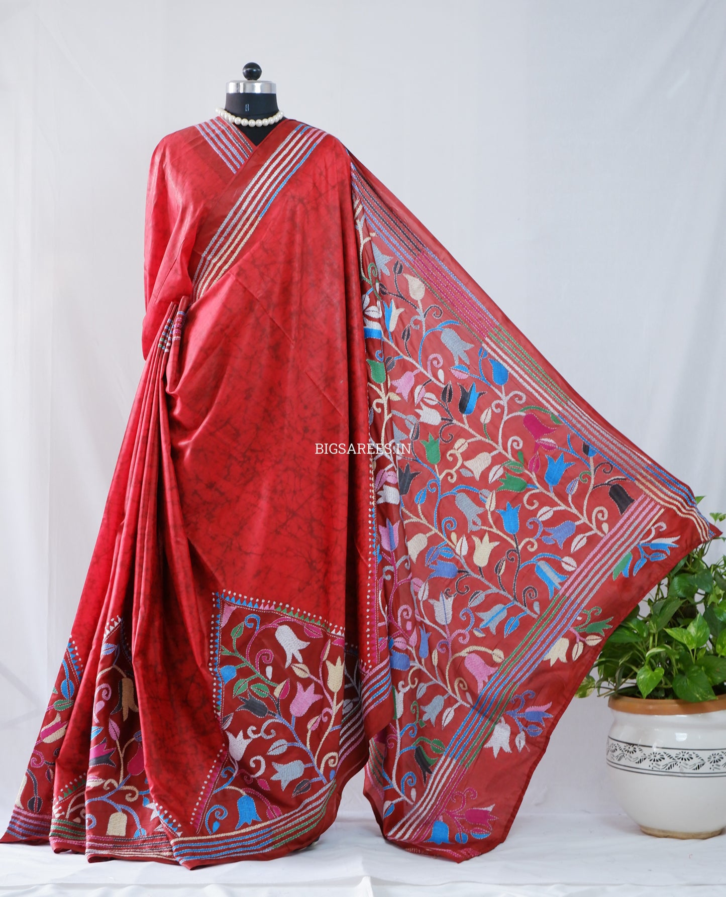 Kantha - Stitch Hand Embroidered Saree | Blended Bangalore Silk / Art Silk | Red