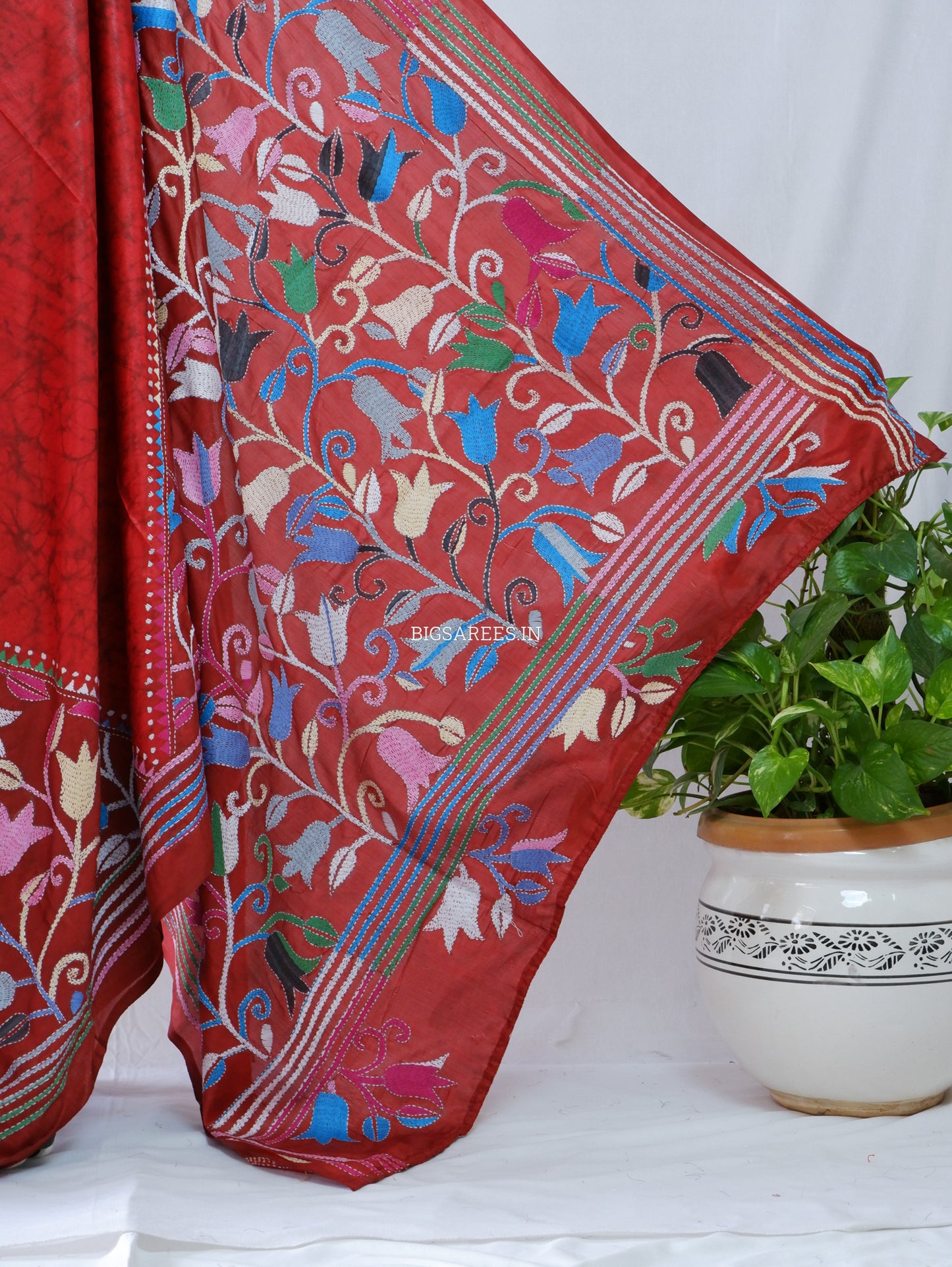 Kantha - Stitch Hand Embroidered Saree | Blended Bangalore Silk / Art Silk | Red