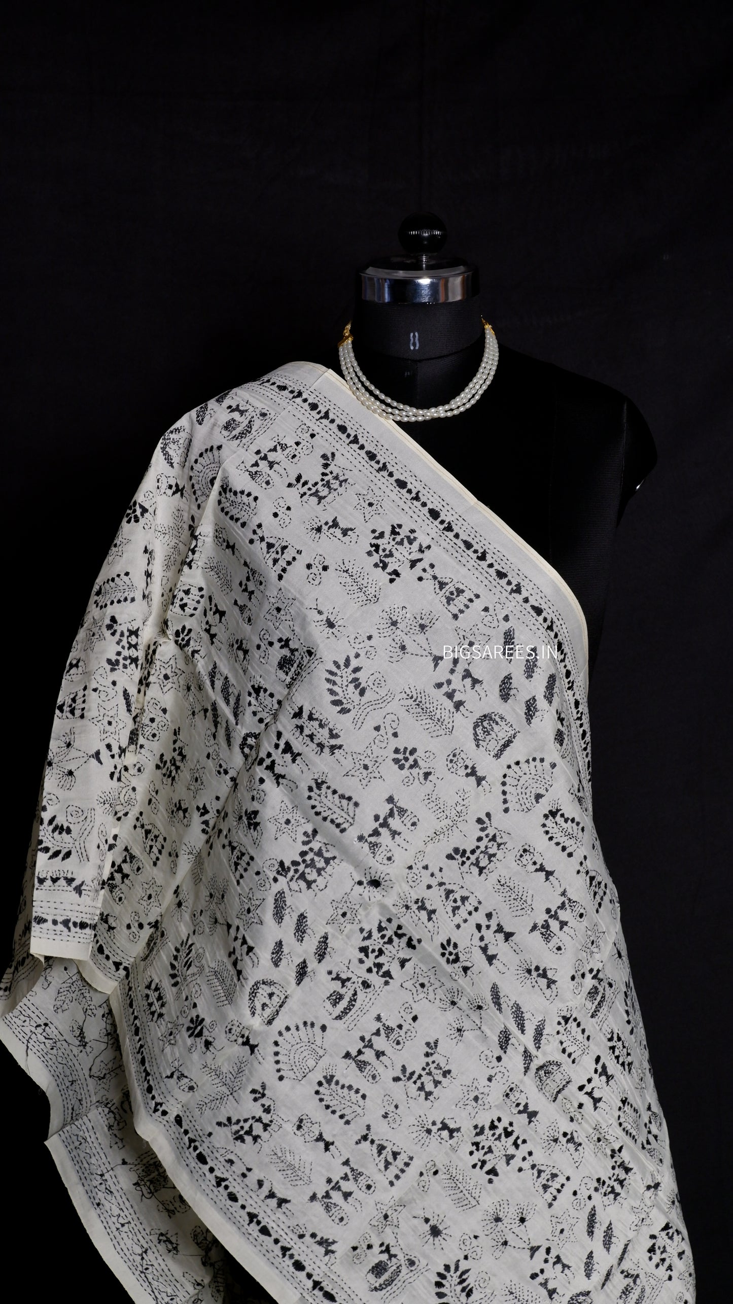 Kantha Semi Tussar Silk Stole | Off-White | 22" |