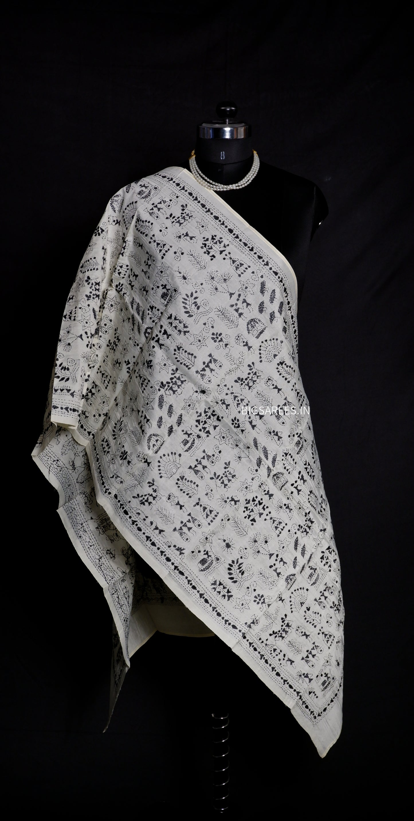 Kantha Semi Tussar Silk Stole | Off-White | 22" |