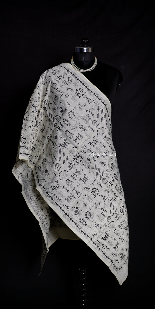 Kantha Semi Tussar Silk Stole | Off-White | 22" |