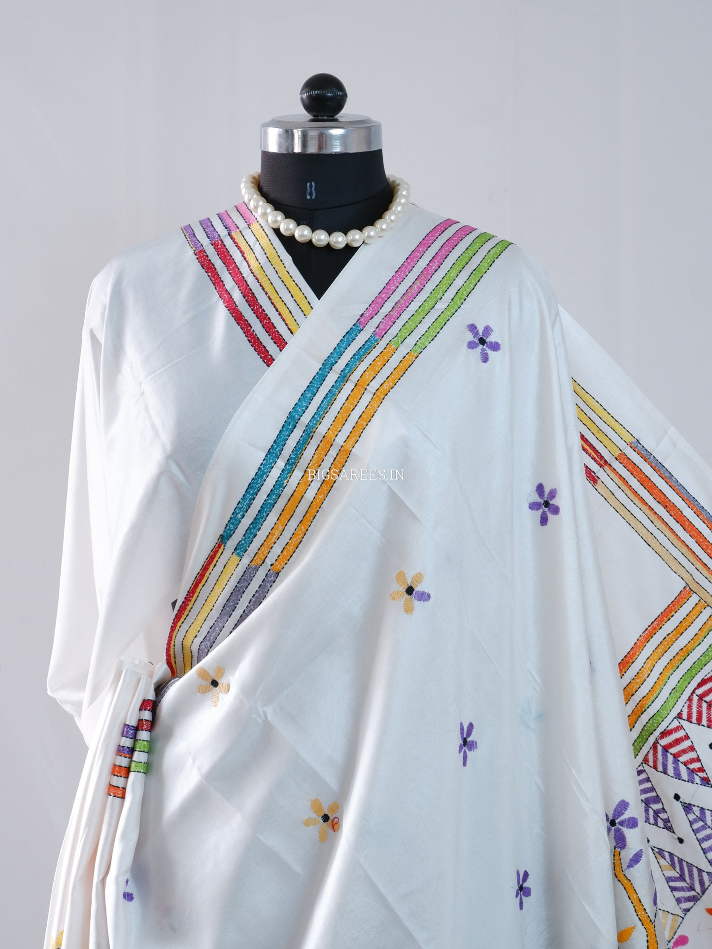Kantha - Stitch Hand Embroidered Saree | Blended Bangalore Silk / Art Silk | Off White