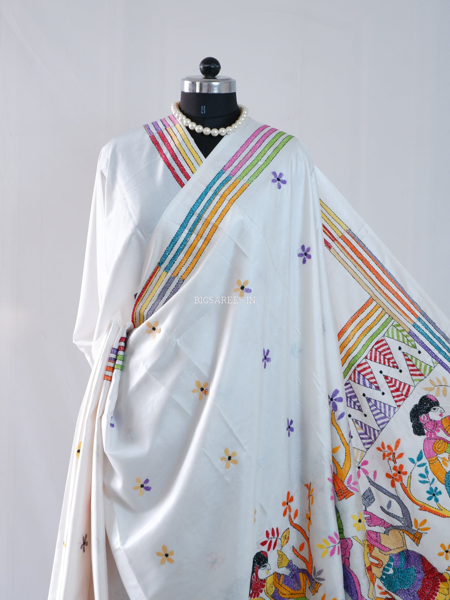 Kantha - Stitch Hand Embroidered Saree | Blended Bangalore Silk / Art Silk | Off White