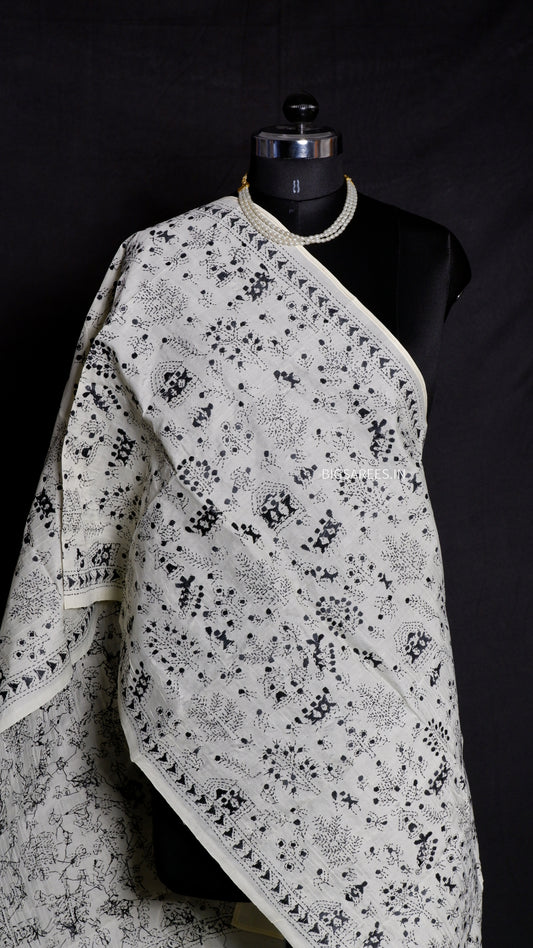 Kantha Semi Tussar Silk Stole | Off-White | 22" |