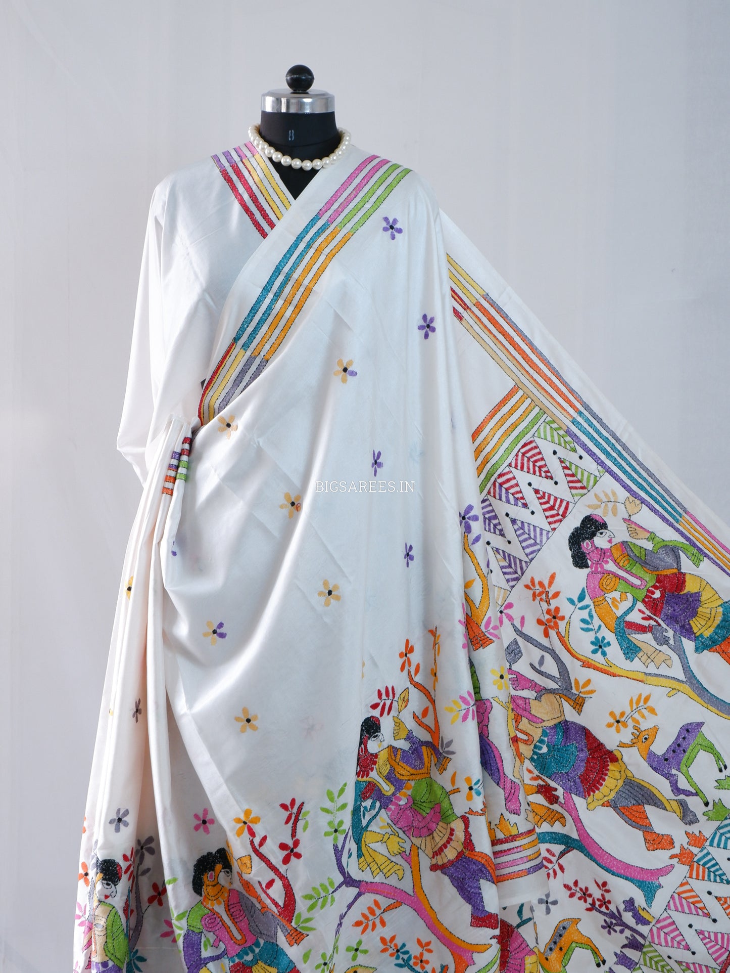 Kantha - Stitch Hand Embroidered Saree | Blended Bangalore Silk / Art Silk | Off White