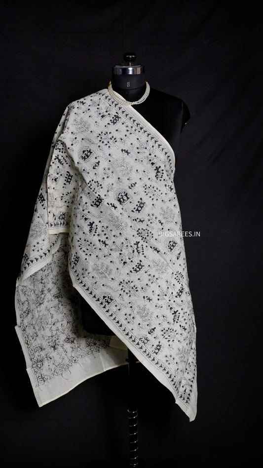 Kantha Semi Tussar Silk Stole | Off-White | 22" |