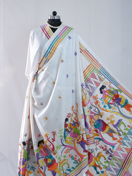 Kantha - Stitch Hand Embroidered Saree | Blended Bangalore Silk / Art Silk | Off White