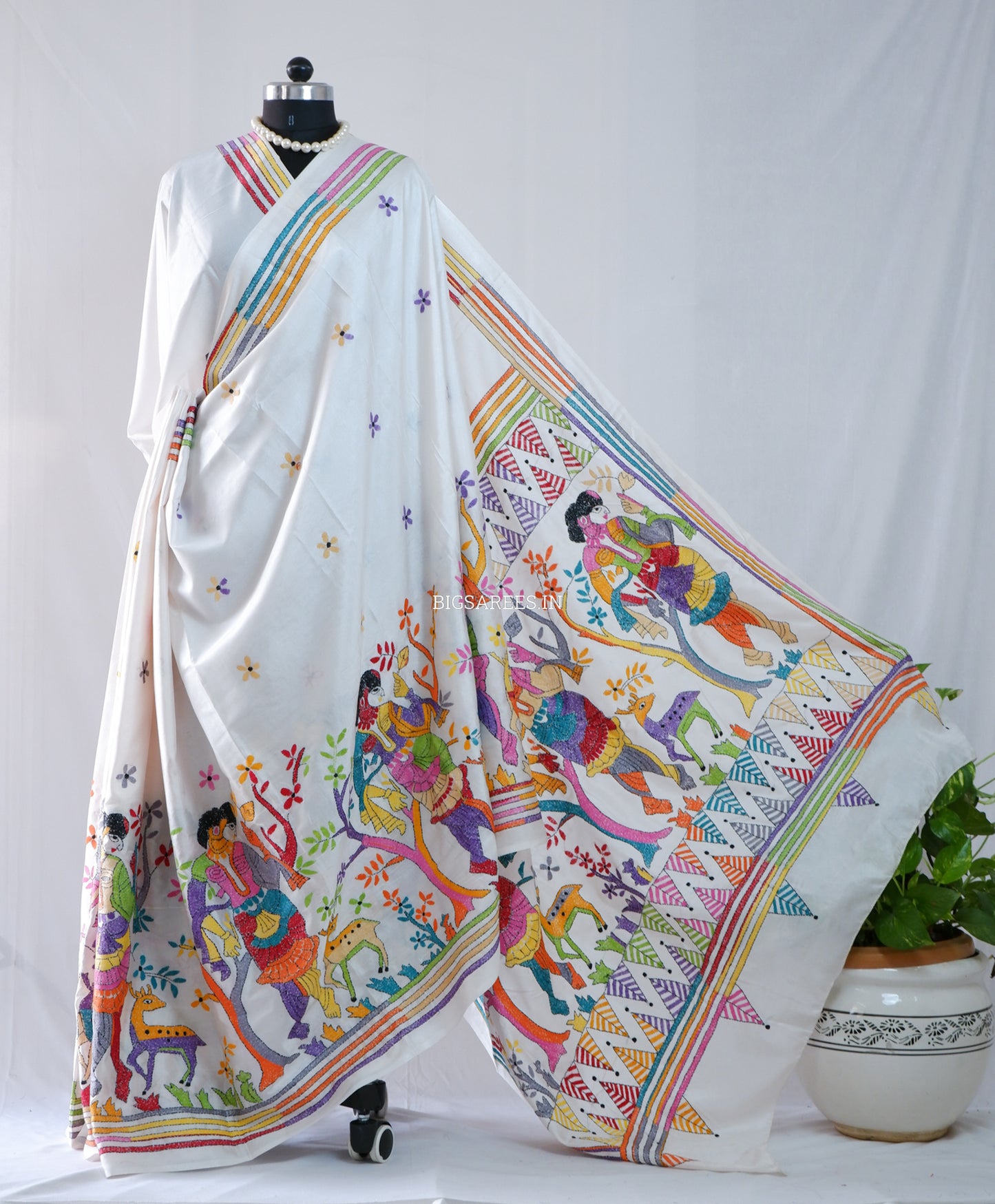 Kantha - Stitch Hand Embroidered Saree | Blended Bangalore Silk / Art Silk | Off White