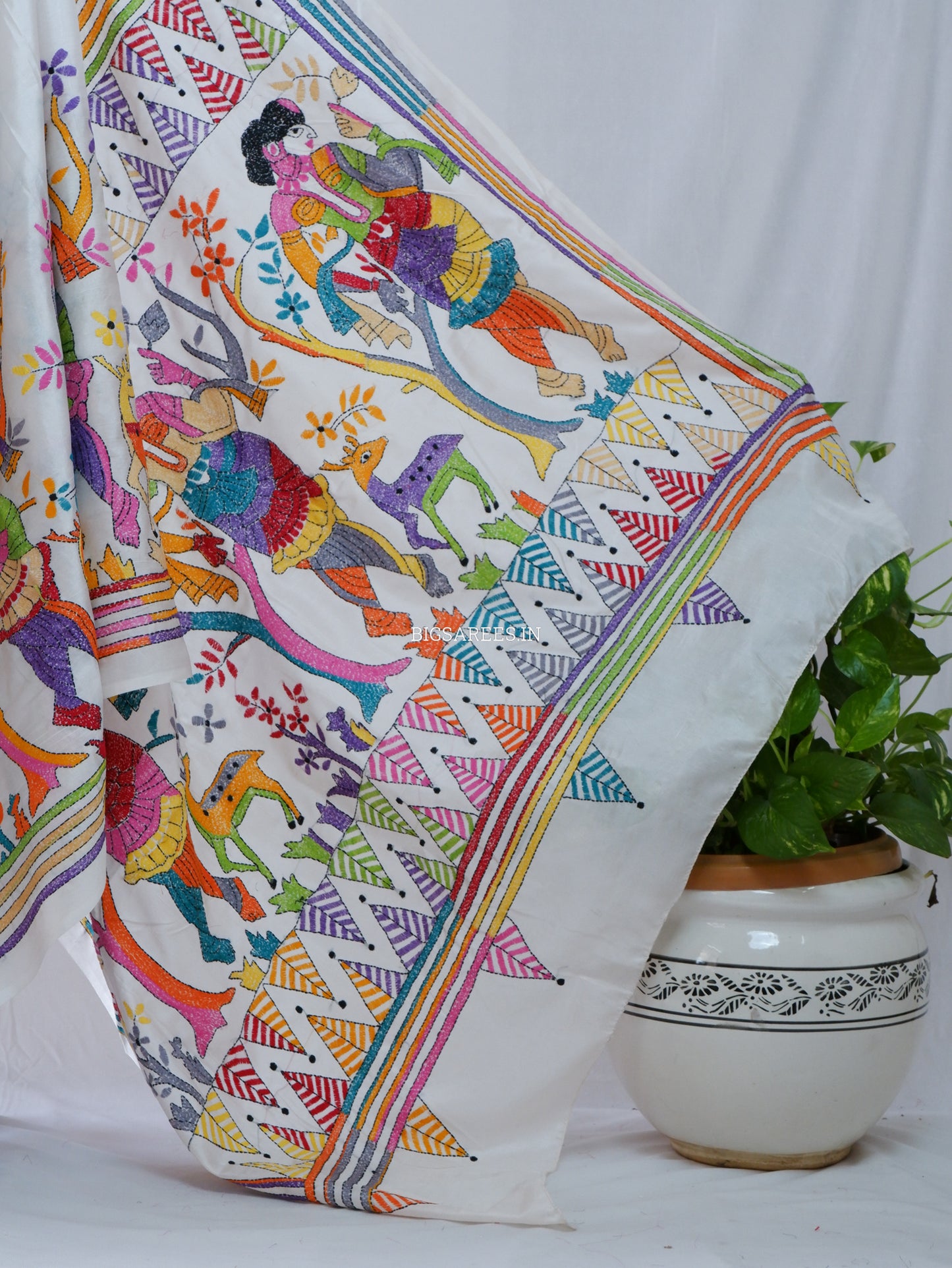 Kantha - Stitch Hand Embroidered Saree | Blended Bangalore Silk / Art Silk | Off White