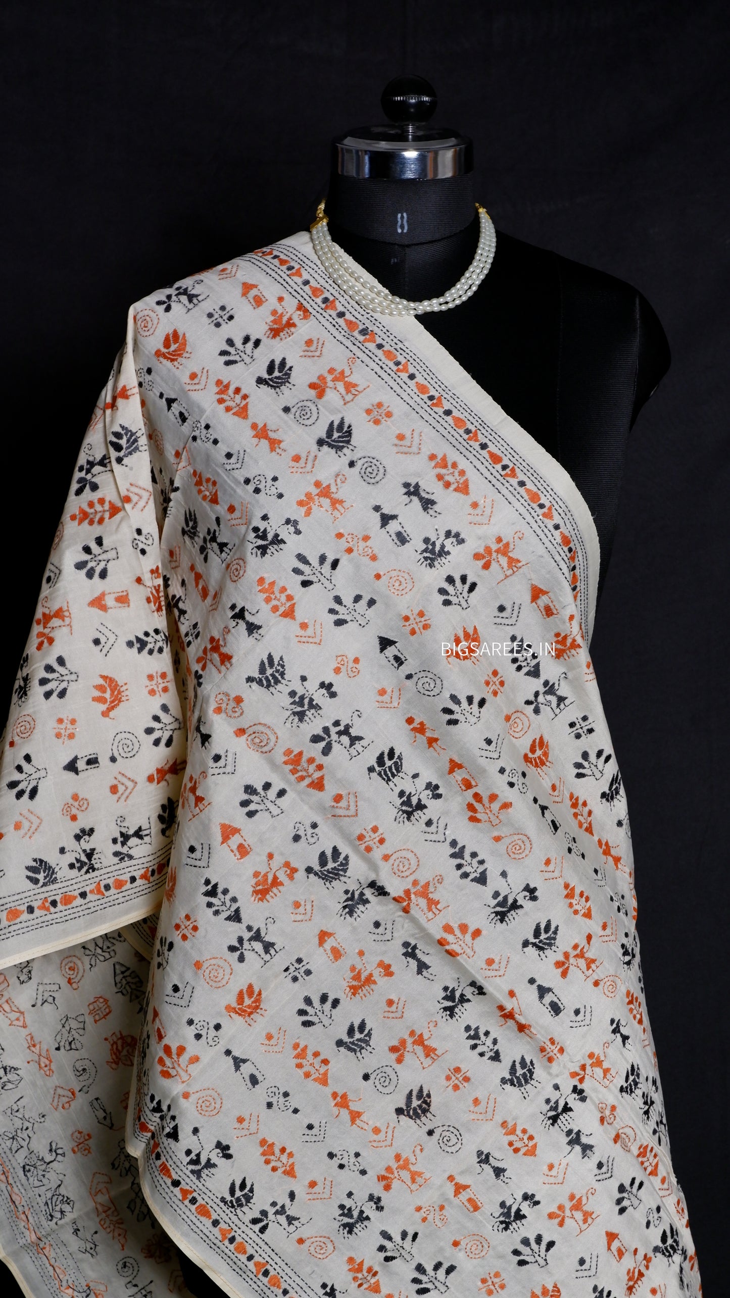 Kantha Semi Tussar Silk Stole | Off-White | 22" |