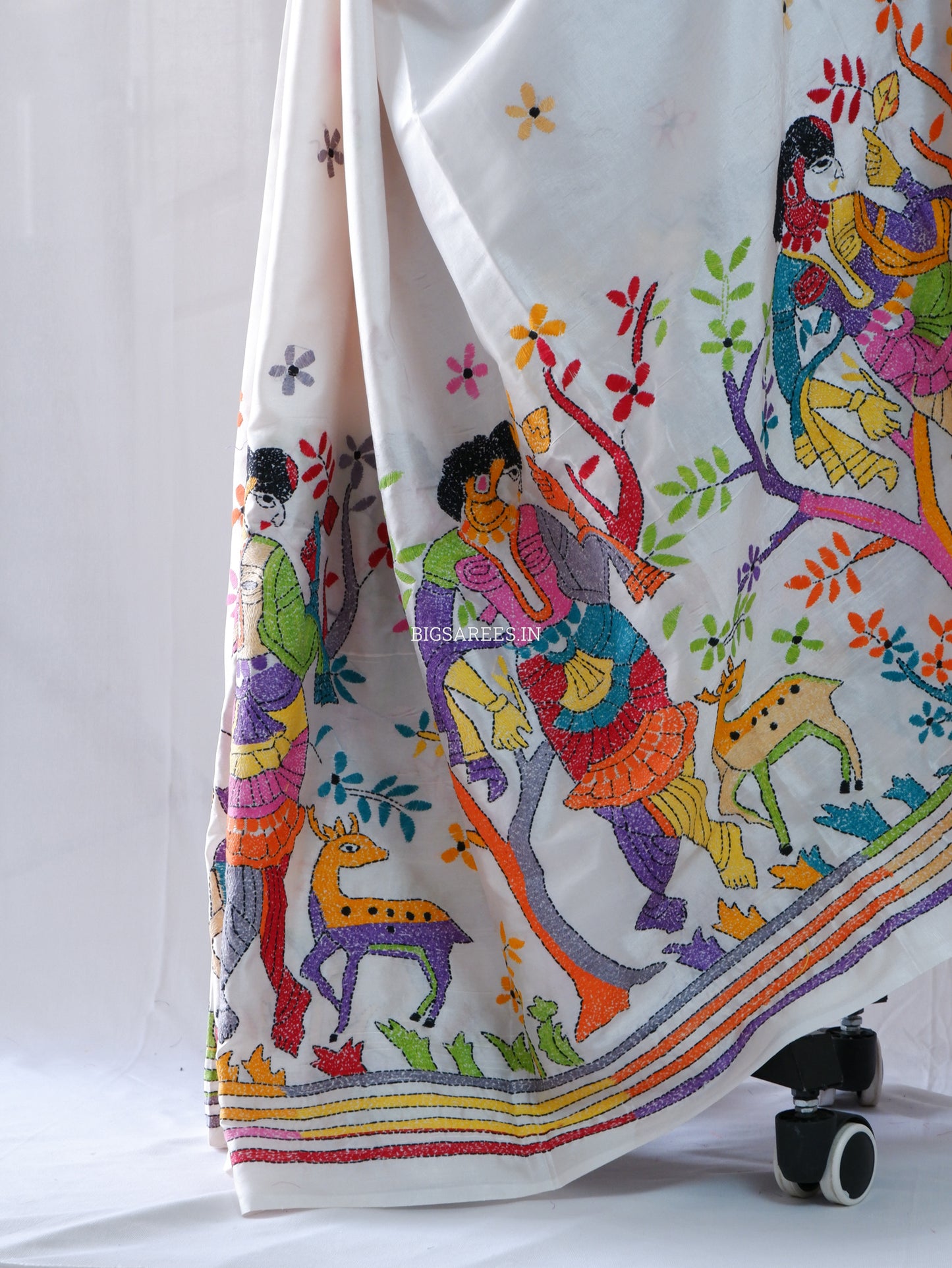 Kantha - Stitch Hand Embroidered Saree | Blended Bangalore Silk / Art Silk | Off White