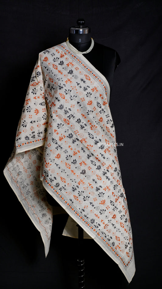 Kantha Semi Tussar Silk Stole | Off-White | 22" |