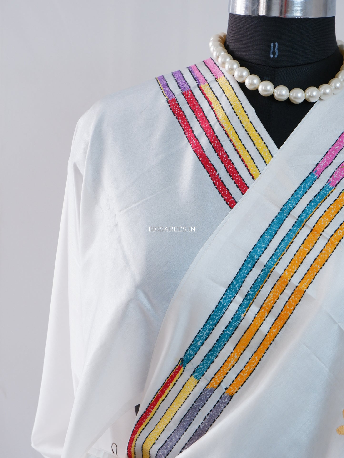 Kantha - Stitch Hand Embroidered Saree | Blended Bangalore Silk / Art Silk | Off White