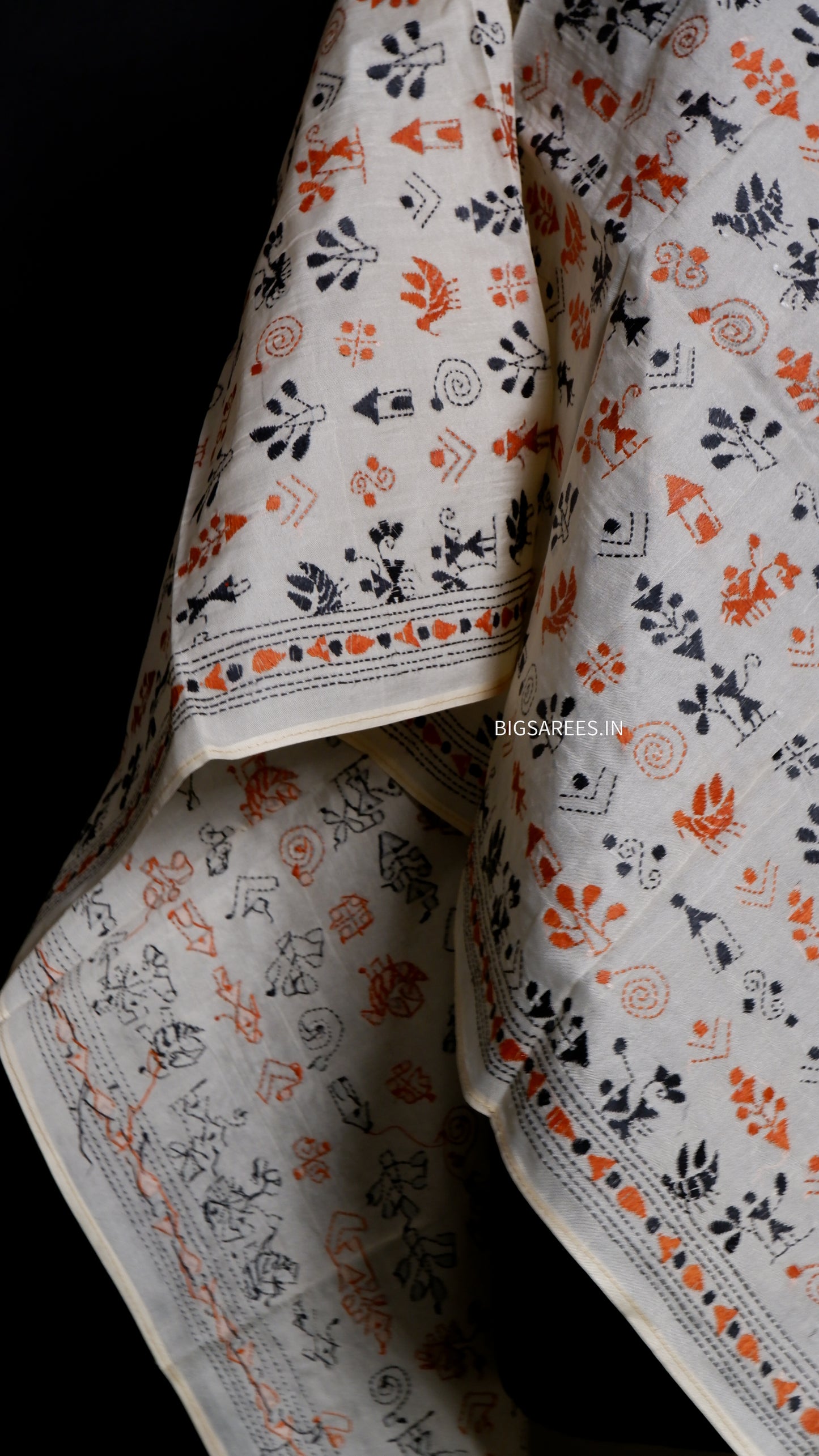 Kantha Semi Tussar Silk Stole | Off-White | 22" |