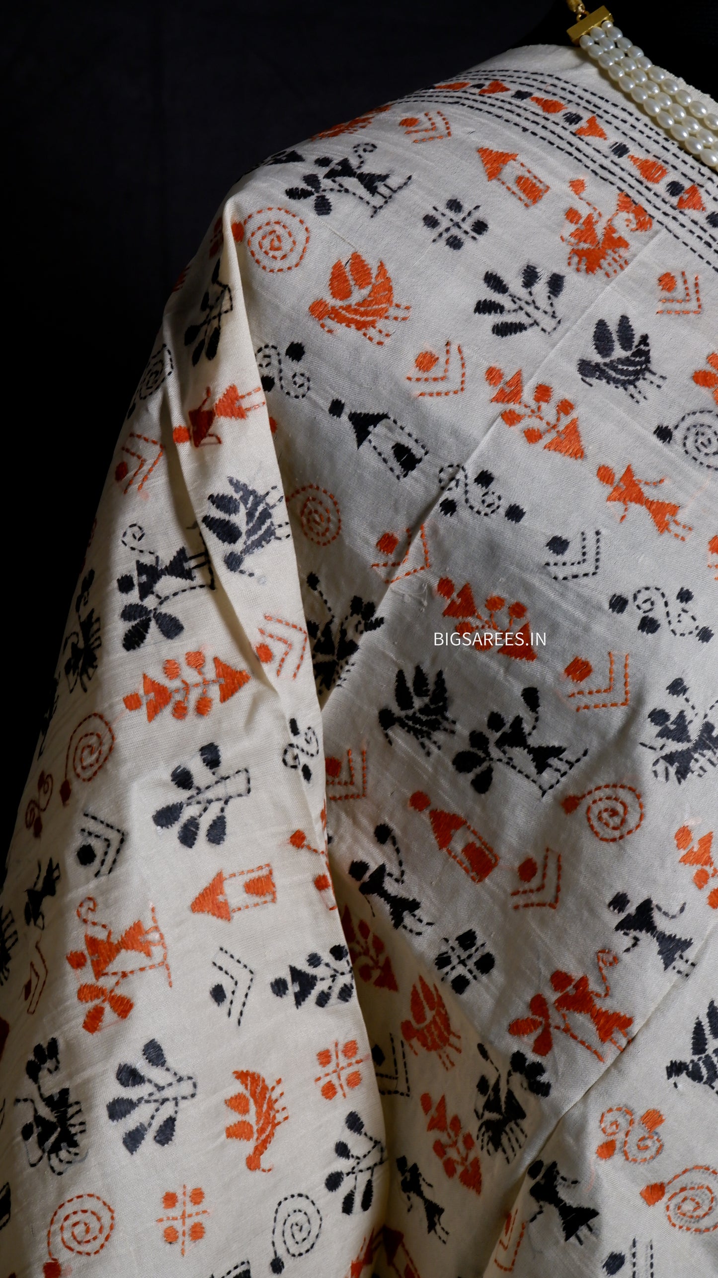 Kantha Semi Tussar Silk Stole | Off-White | 22" |