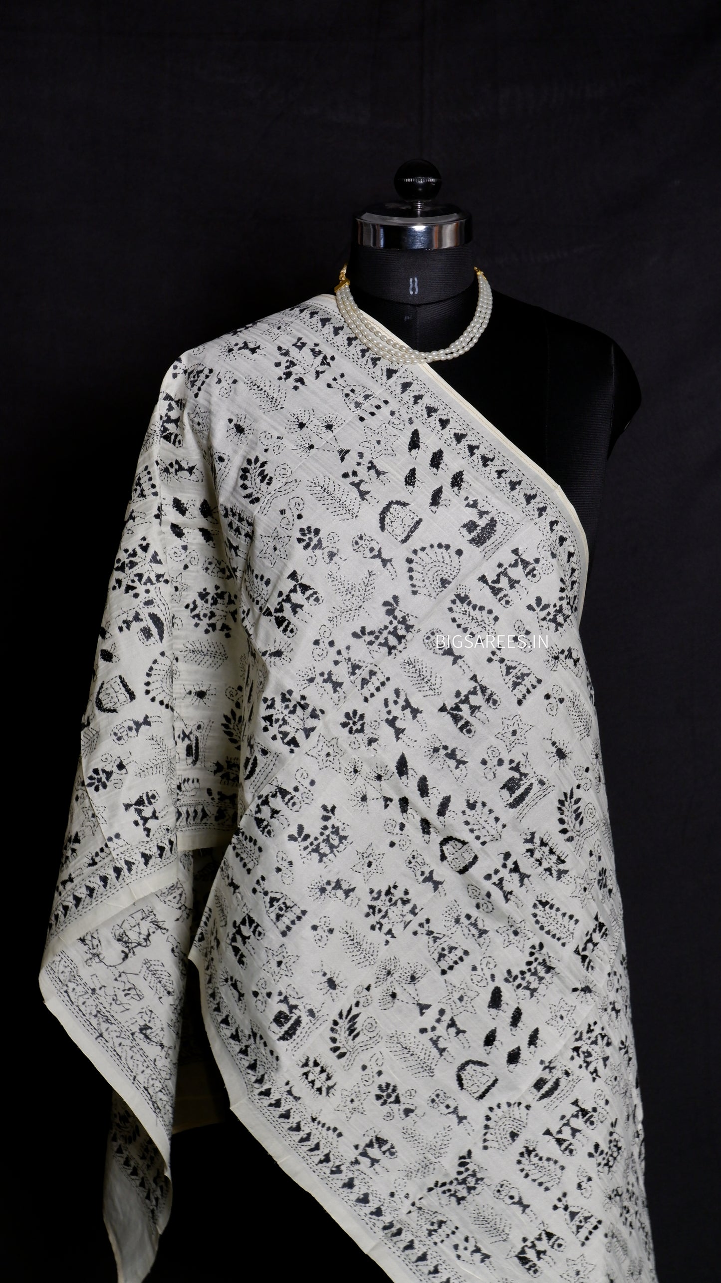 Kantha Semi Tussar Silk Stole | Off-White | 22" |