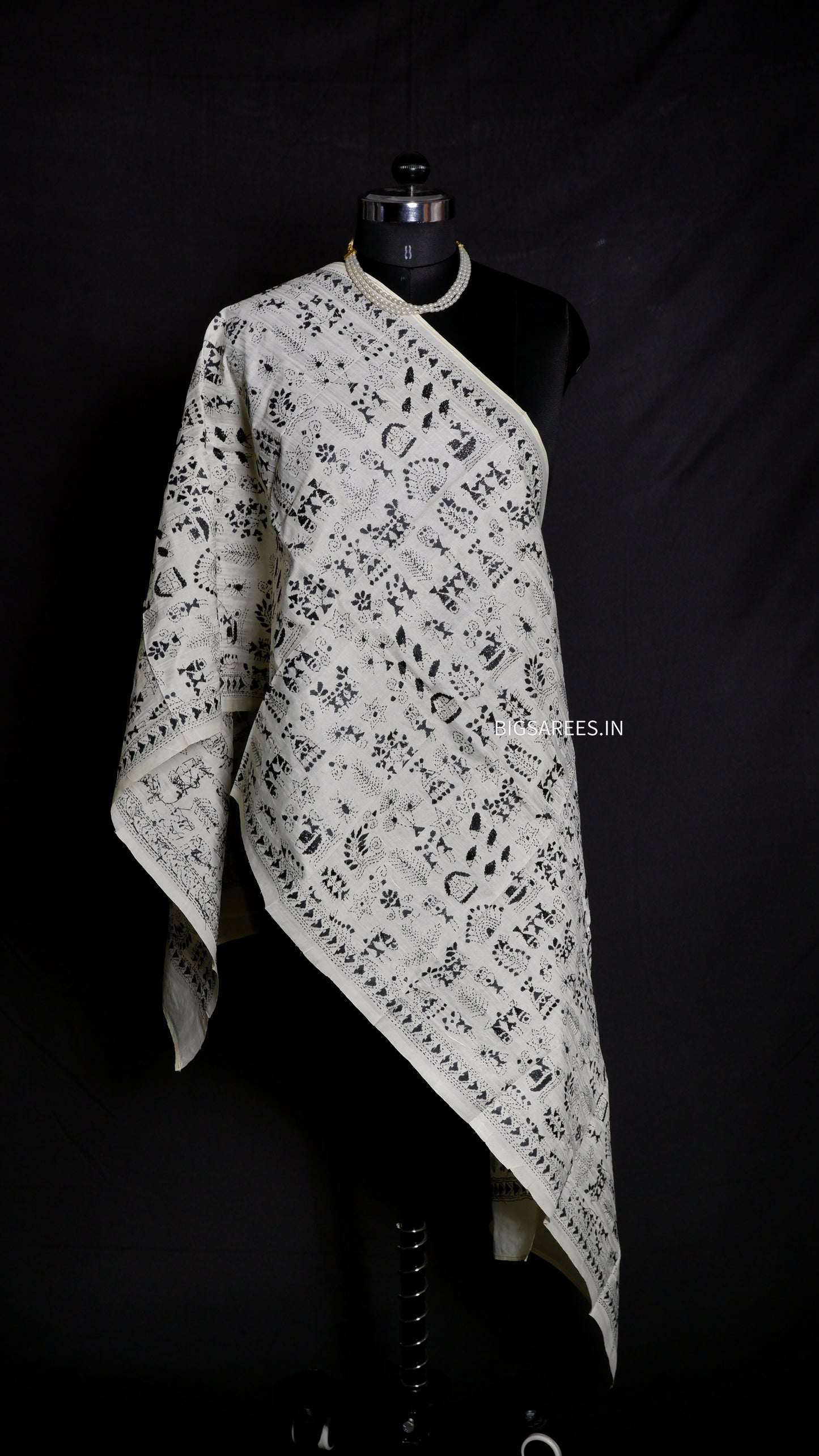 Kantha Semi Tussar Silk Stole | Off-White | 22" |