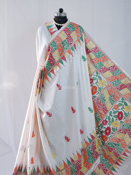 Kantha - Stitch Hand Embroidered Saree | Blended Bangalore Silk / Art Silk | White