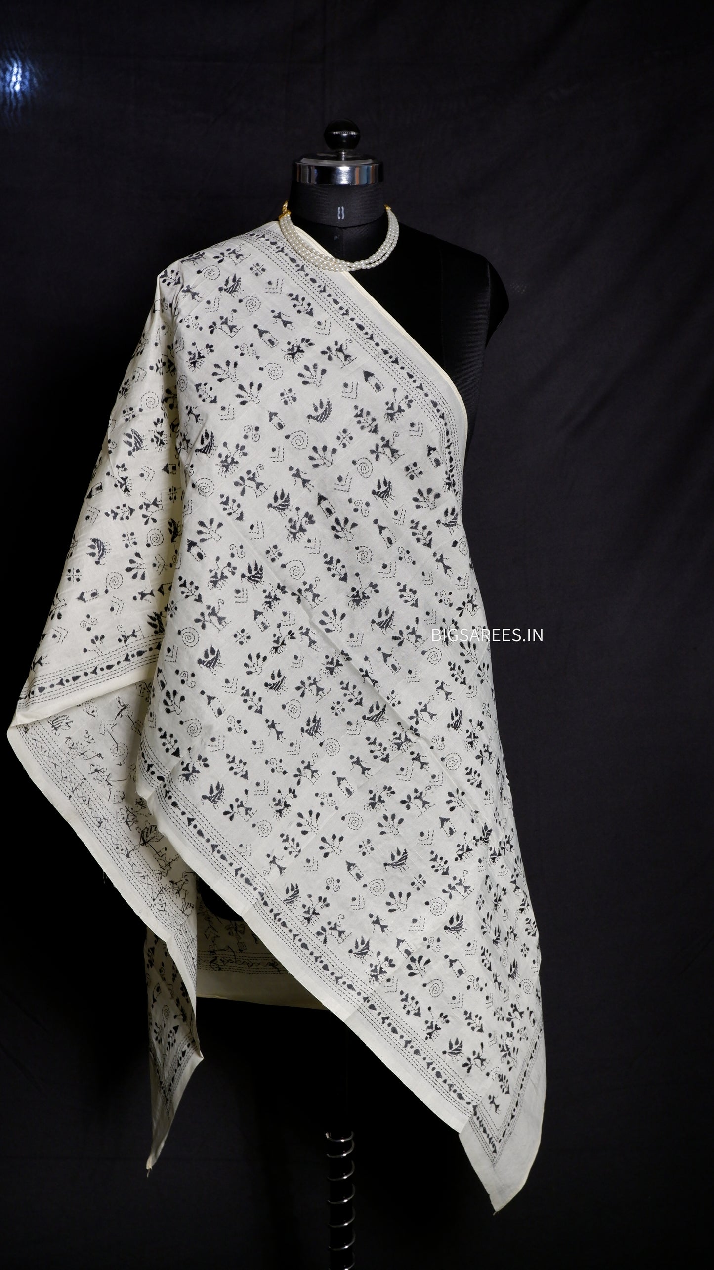 Kantha Semi Tussar Silk Stole | Off-White | 22" |